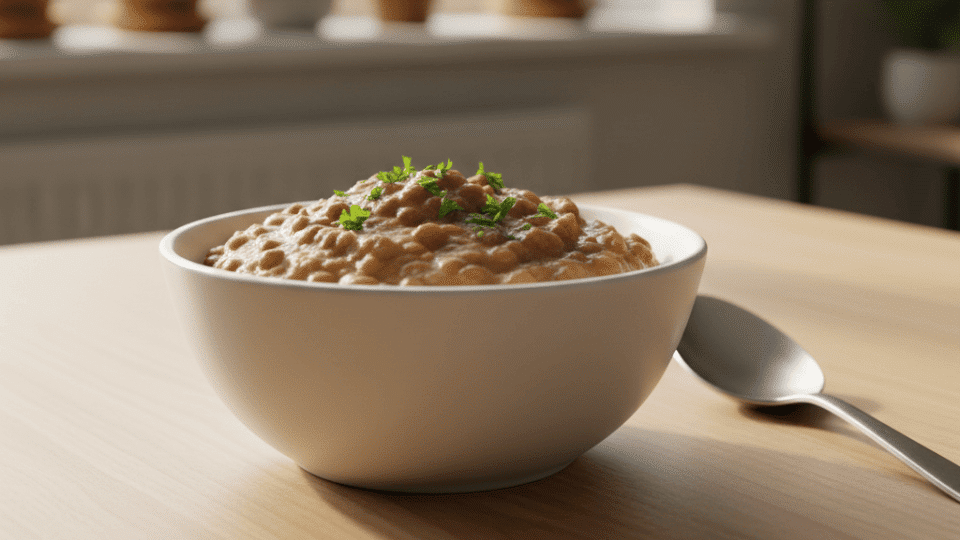 A bowl of mashed lentils garnished with fresh parsley placed on a wooden table with natural light and plants in the background