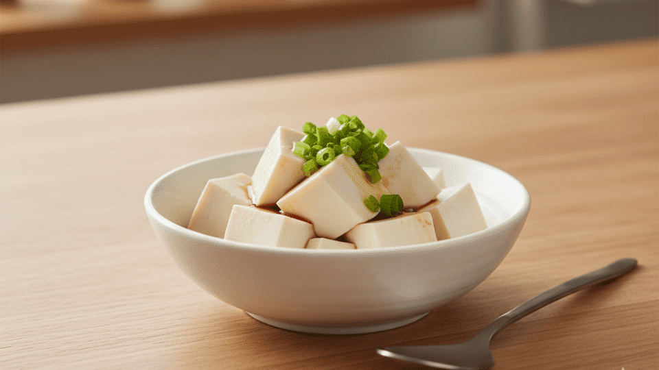 A bowl of soft silken tofu cubes topped with green onions and soy sauce on a wooden kitchen table