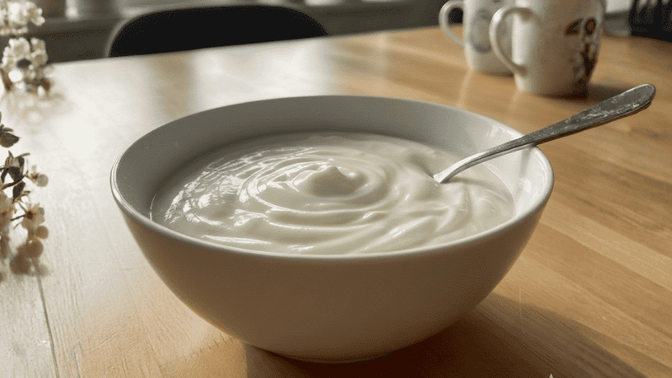 A bowl of thick Greek yogurt with a spoon on a wooden table, set in a softly lit kitchen background with plants