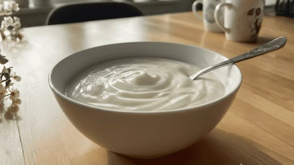 A bowl of thick Greek yogurt with a spoon on a wooden table, set in a softly lit kitchen background with plants