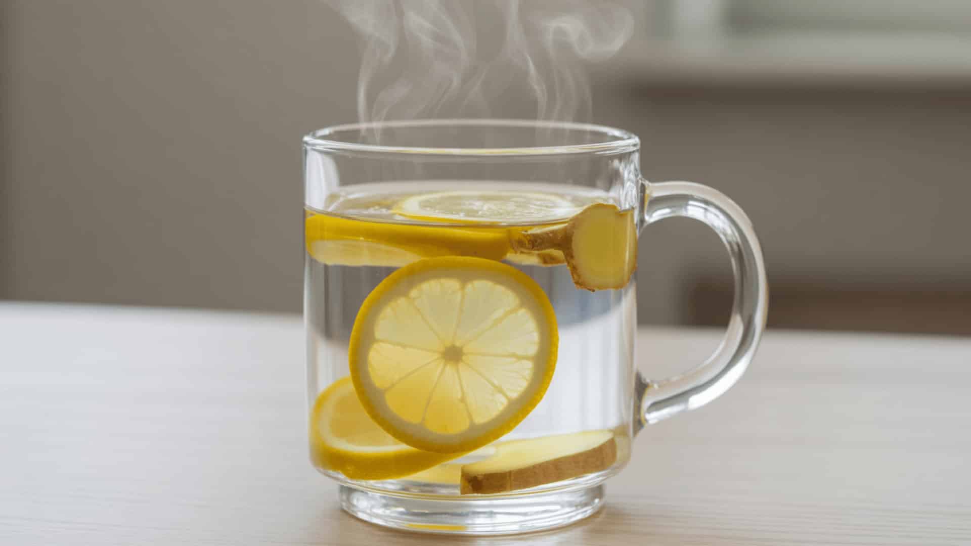 A clear glass mug filled with warm lemon-ginger water, showing lemon and ginger slices, with steam rising