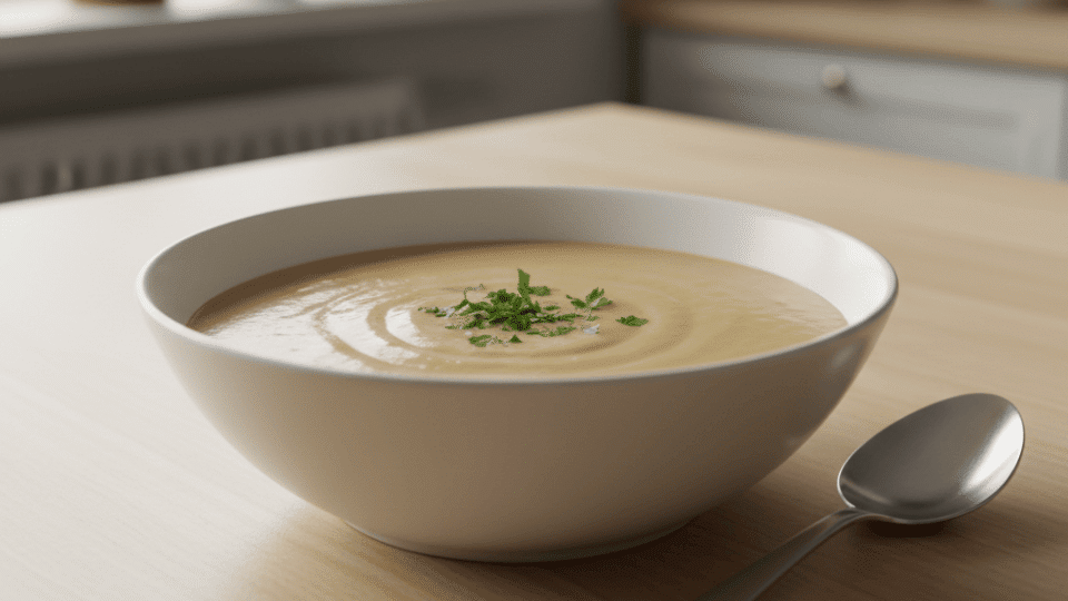 A creamy protein-fortified soup in a white bowl, garnished with fresh parsley, set on a wooden table with natural lighting