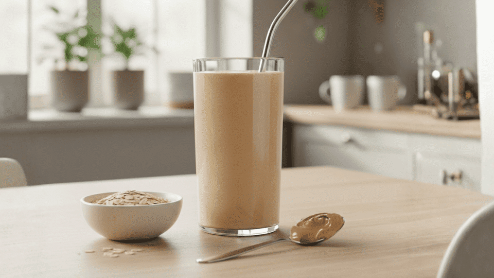 A creamy protein smoothie in a tall glass with a metal straw, oats and peanut butter on a wooden kitchen table