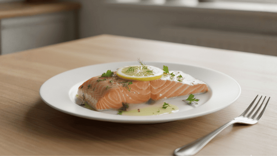 A poached salmon fillet with lemon and herbs on a white plate, placed on a wooden table with soft natural lighting