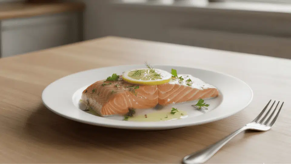 A poached salmon fillet with lemon and herbs on a white plate, placed on a wooden table with soft natural lighting