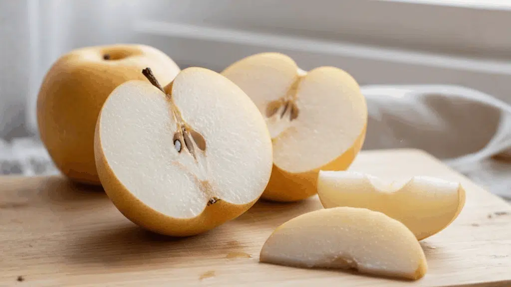 Fresh Asian pear slices placed on a wooden board, showcasing its crisp texture and light yellow color