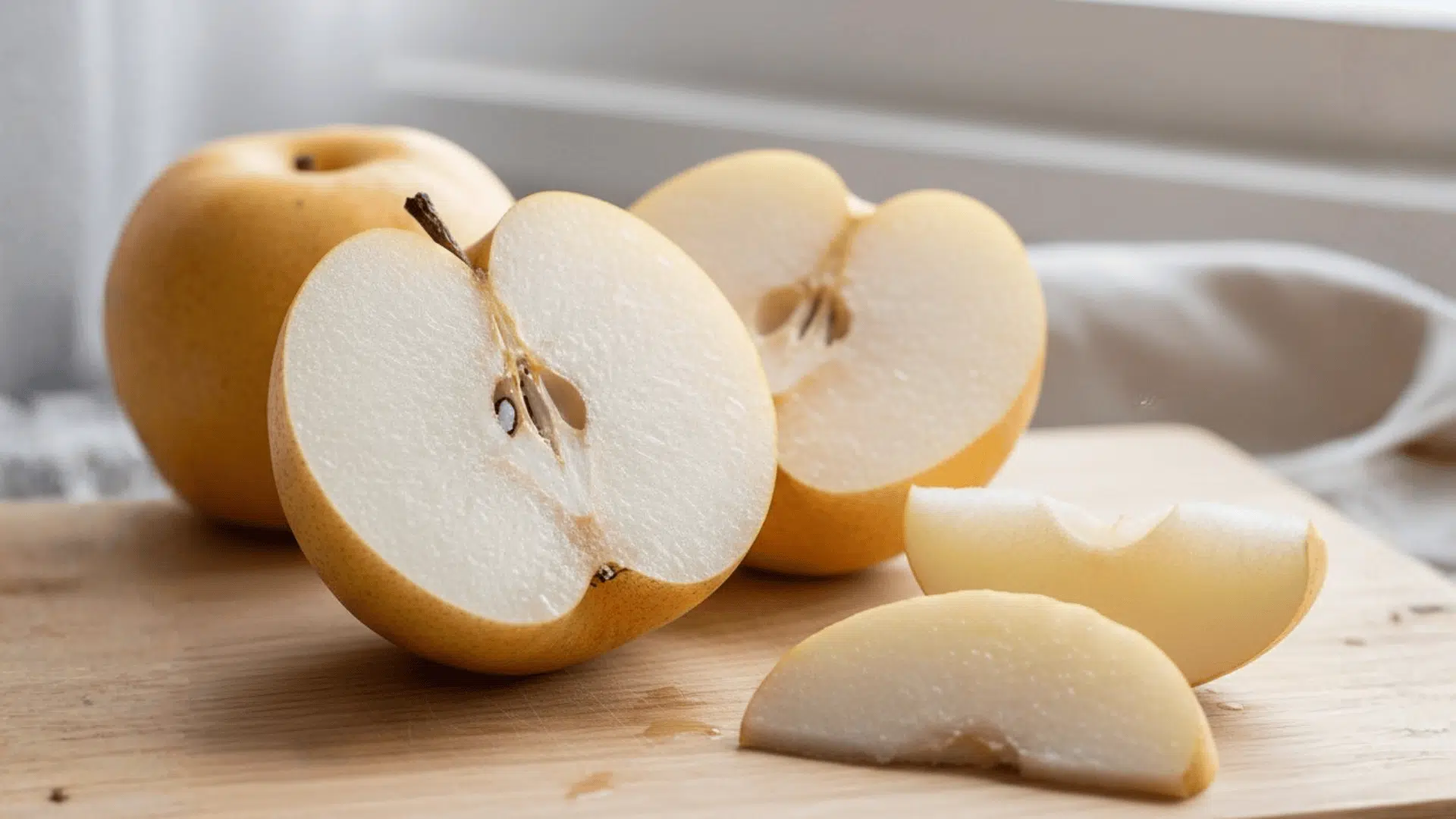 Fresh Asian pear slices placed on a wooden board, showcasing its crisp texture and light yellow color