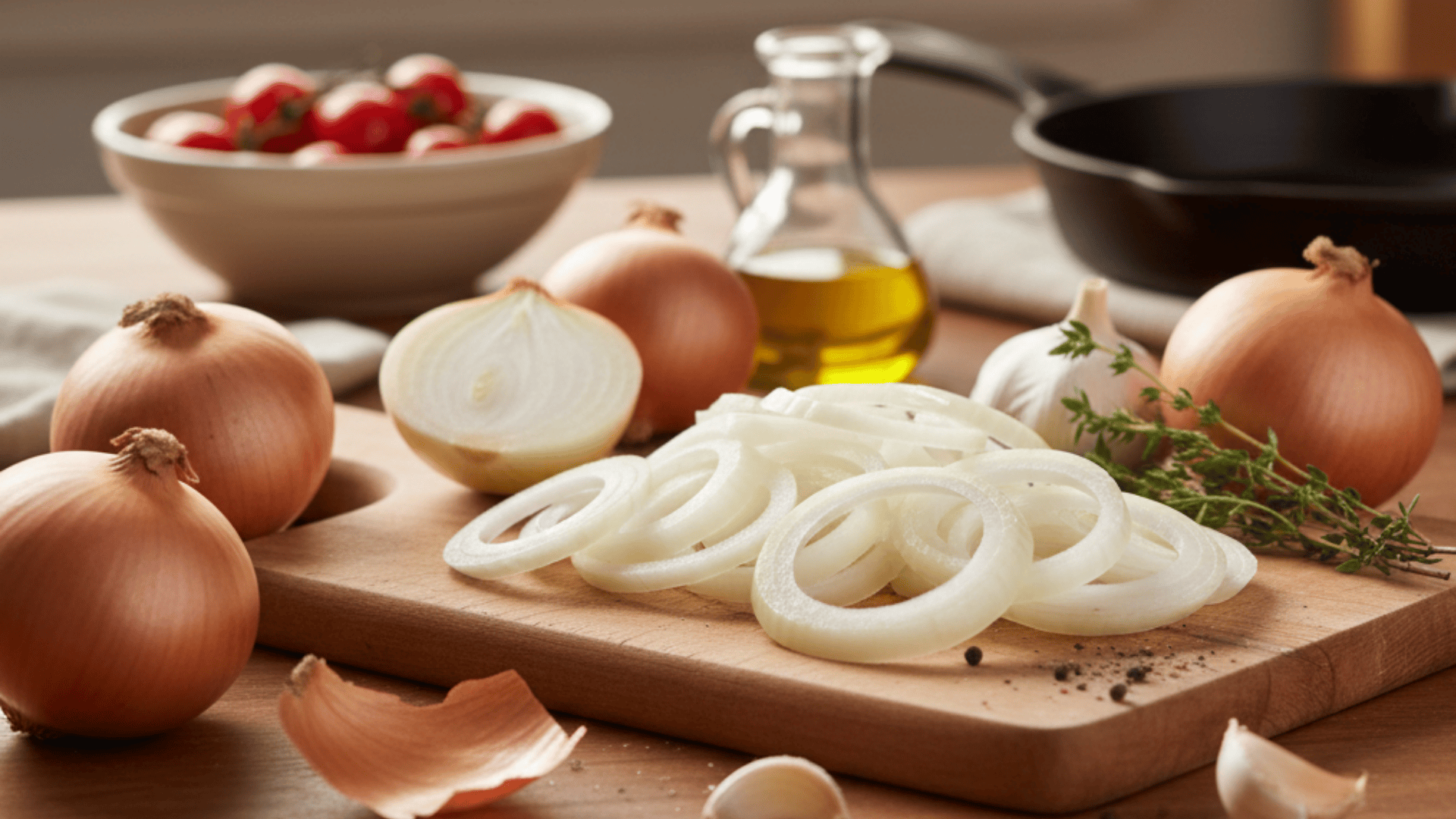 Freshly sliced yellow onions on a cutting board with whole onions, garlic, herbs, and olive oil in the background
