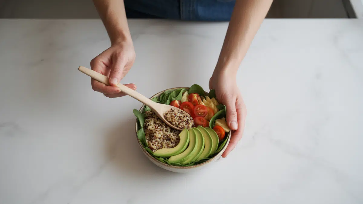 Hands holding a bowl of healthy salad with quinoa, avocado slices, cherry tomatoes, and leafy greens