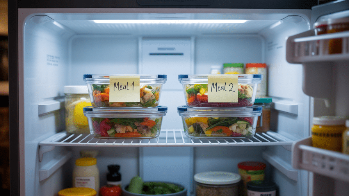 Meal prep containers labeled Meal 1 and Meal 2, showing planned meals for a fasting eating window
