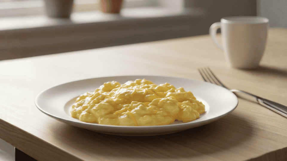 Soft scrambled eggs with melted cheese on a white plate, set on a wooden table in a bright kitchen setting