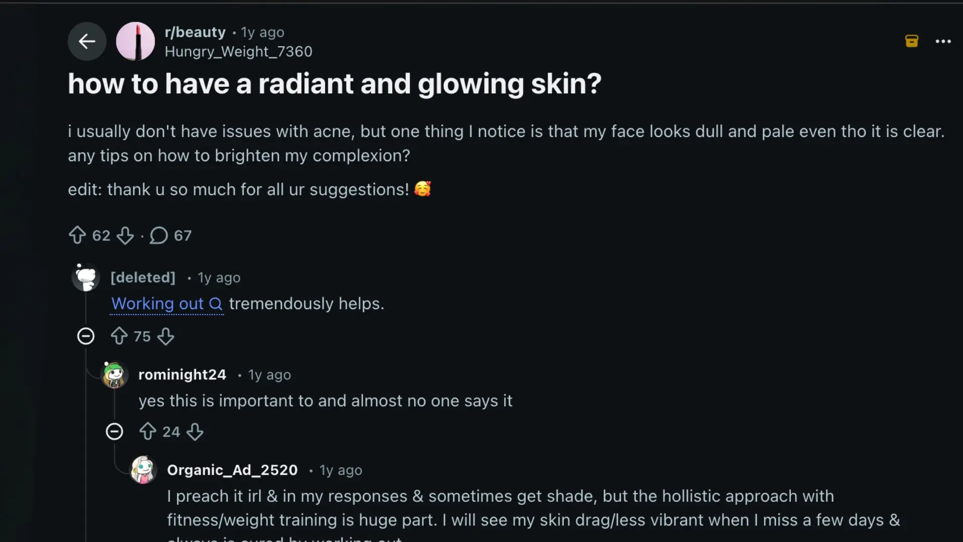 a Reddit post asking for tips on how to achieve radiant, glowing, and brightened skin.