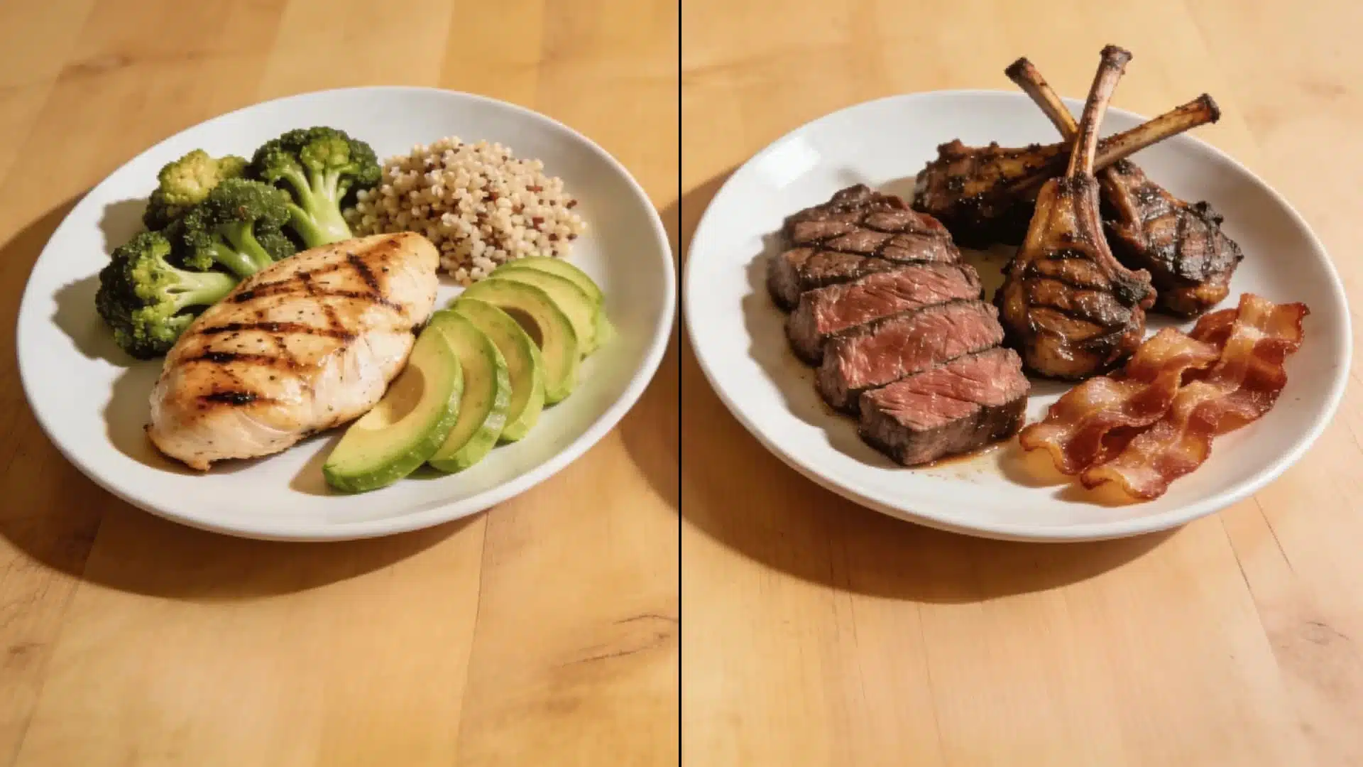 a balanced keto meal with chicken and avocado versus a carnivore plate featuring steak and bacon