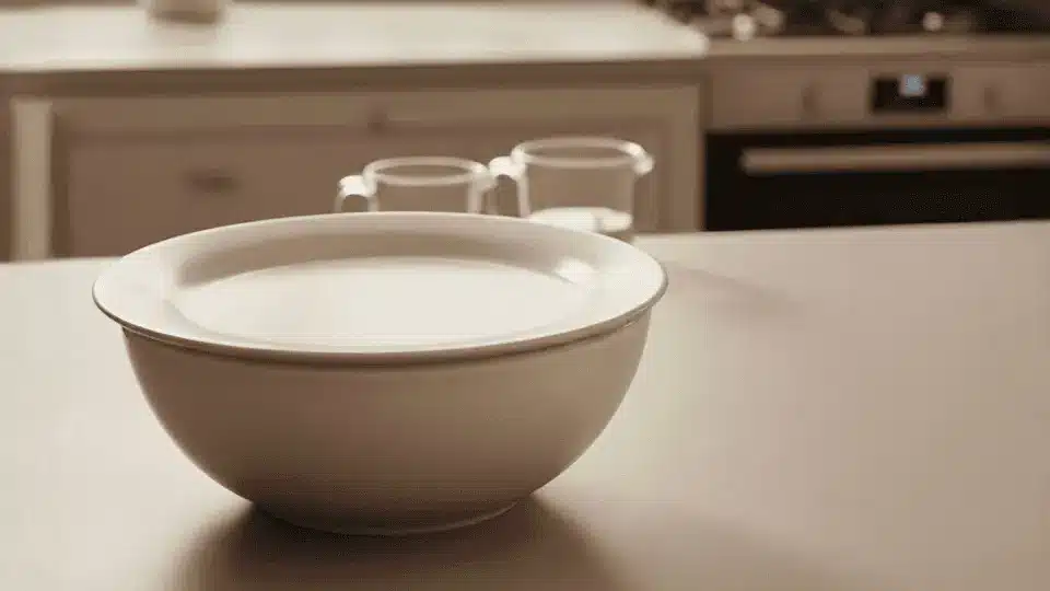 a beige bowl filled with batter sits covered with a plate on a kitchen counter, with glass jars in the background