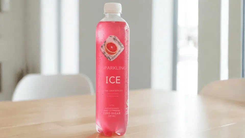 a bottle of Sparkling Ice pink grapefruit flavored water showcasing zero sugar and antioxidant benefits
