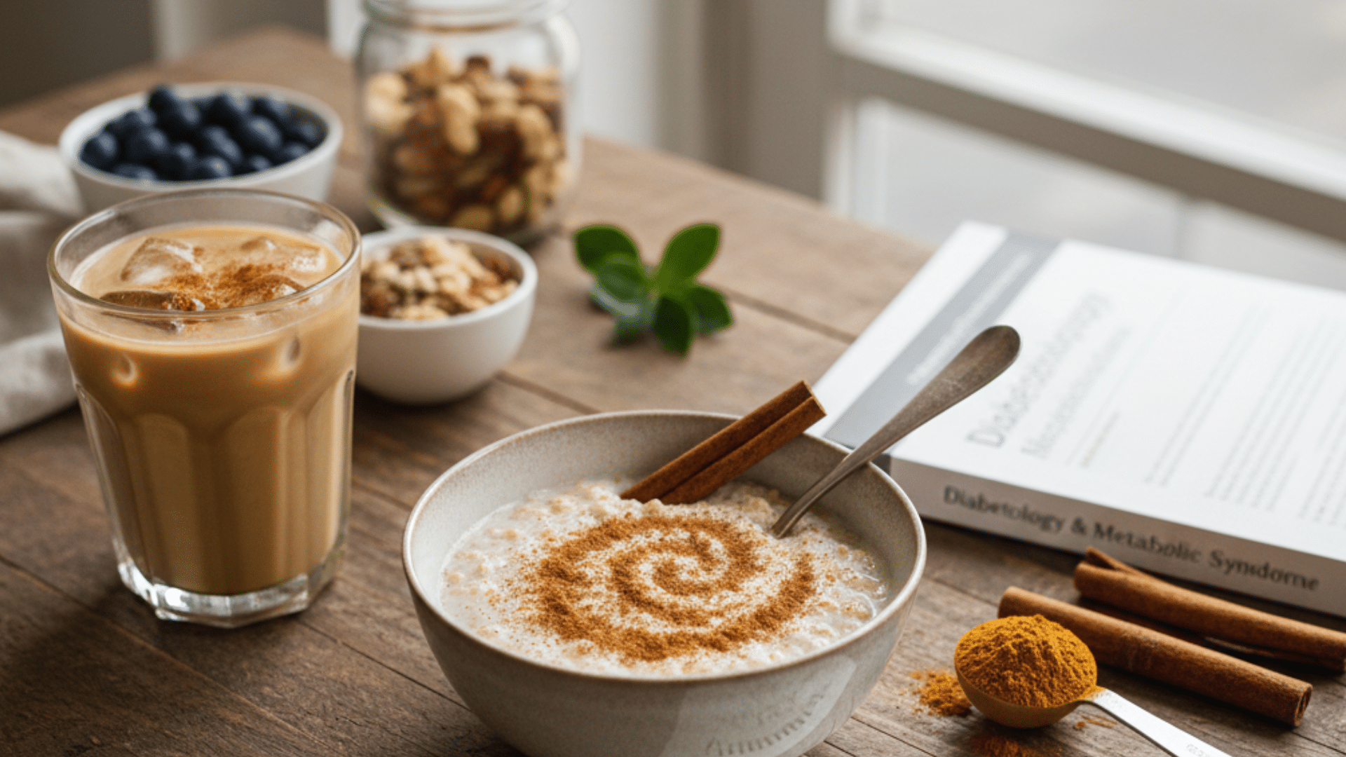 a bowl of cinnamon-dusted oatmeal on a wooden table alongside iced coffee, cinnamon sticks, and a nutrition information card