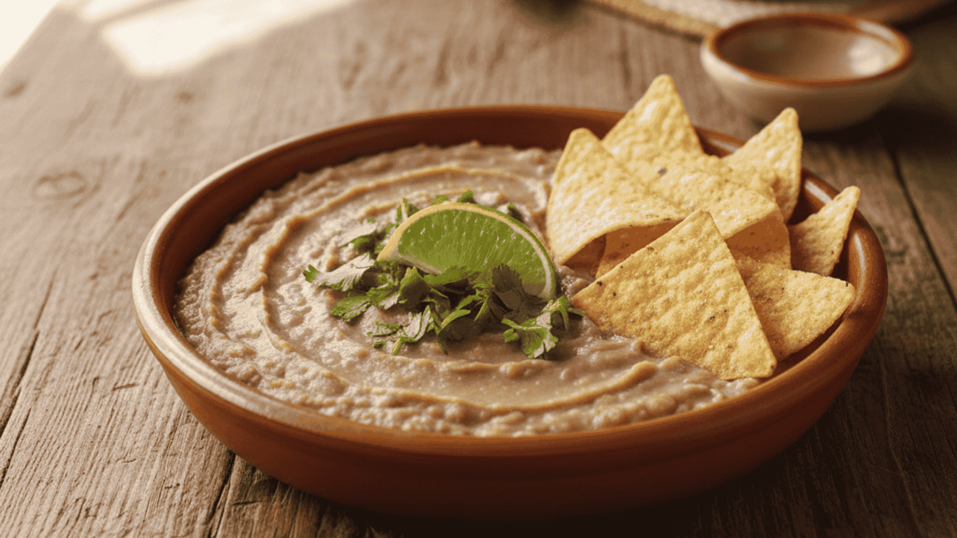 a bowl of creamy refried beans garnished with fresh cilantro and a slice of lime, served with a side of crispy tortilla chips, the dish is placed on a rustic wooden table, two colorful ceramic mug
