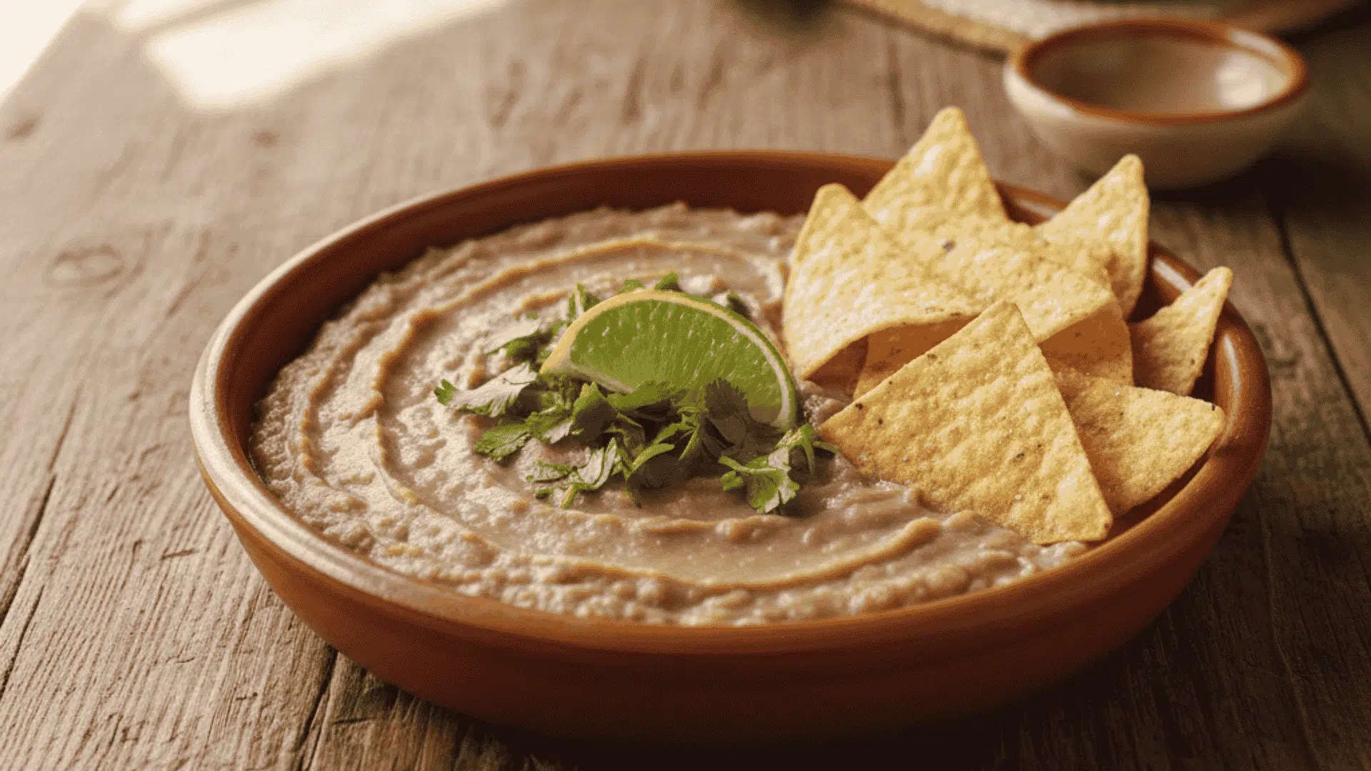a bowl of creamy refried beans garnished with fresh cilantro and a slice of lime, served with a side of crispy tortilla chips, the dish is placed on a rustic wooden table, two colorful ceramic mug