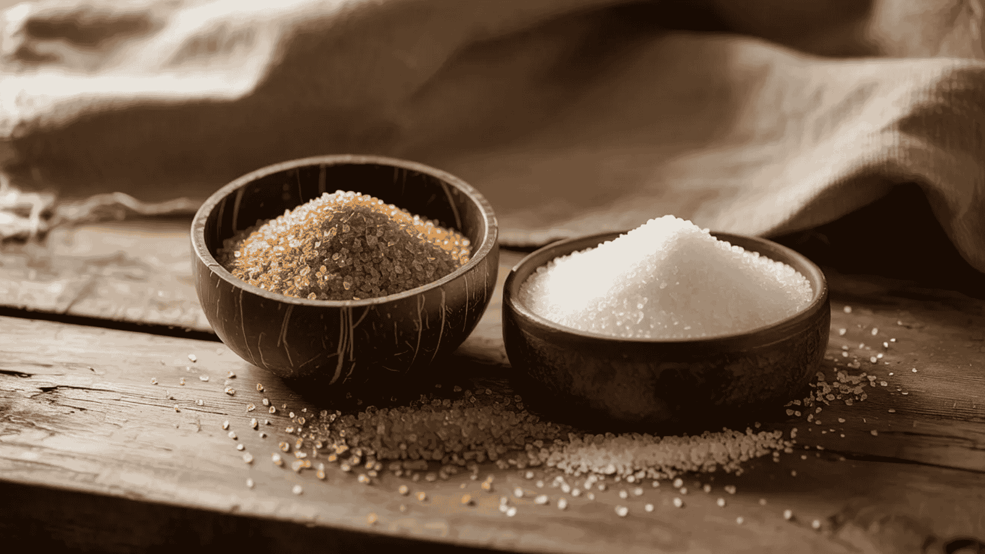 a bowl of golden-brown coconut sugar and a bowl of white cane sugar on a rustic wooden surface, with some sugar crystals scattered around each bowl