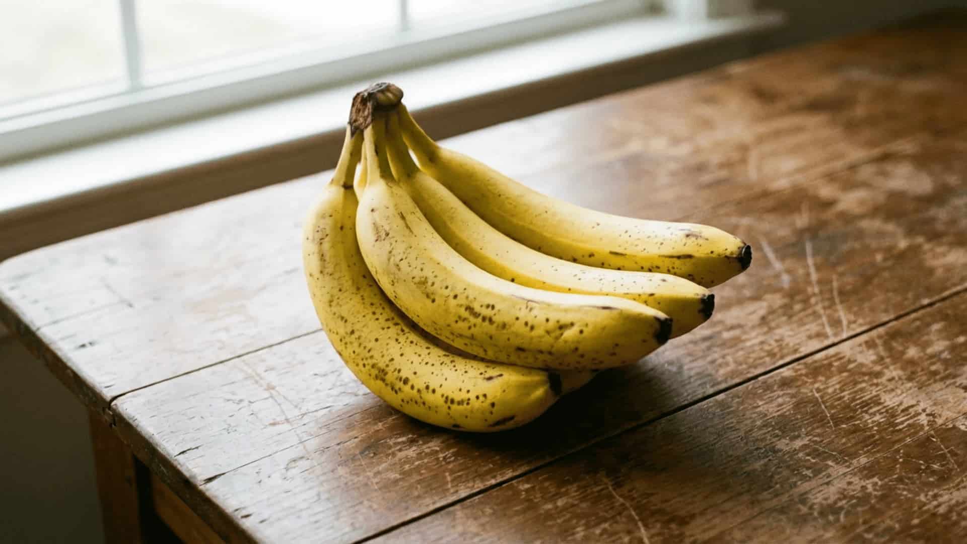 a bunch of ripe yellow bananas with brown spots resting on a weathered wooden surface near a window