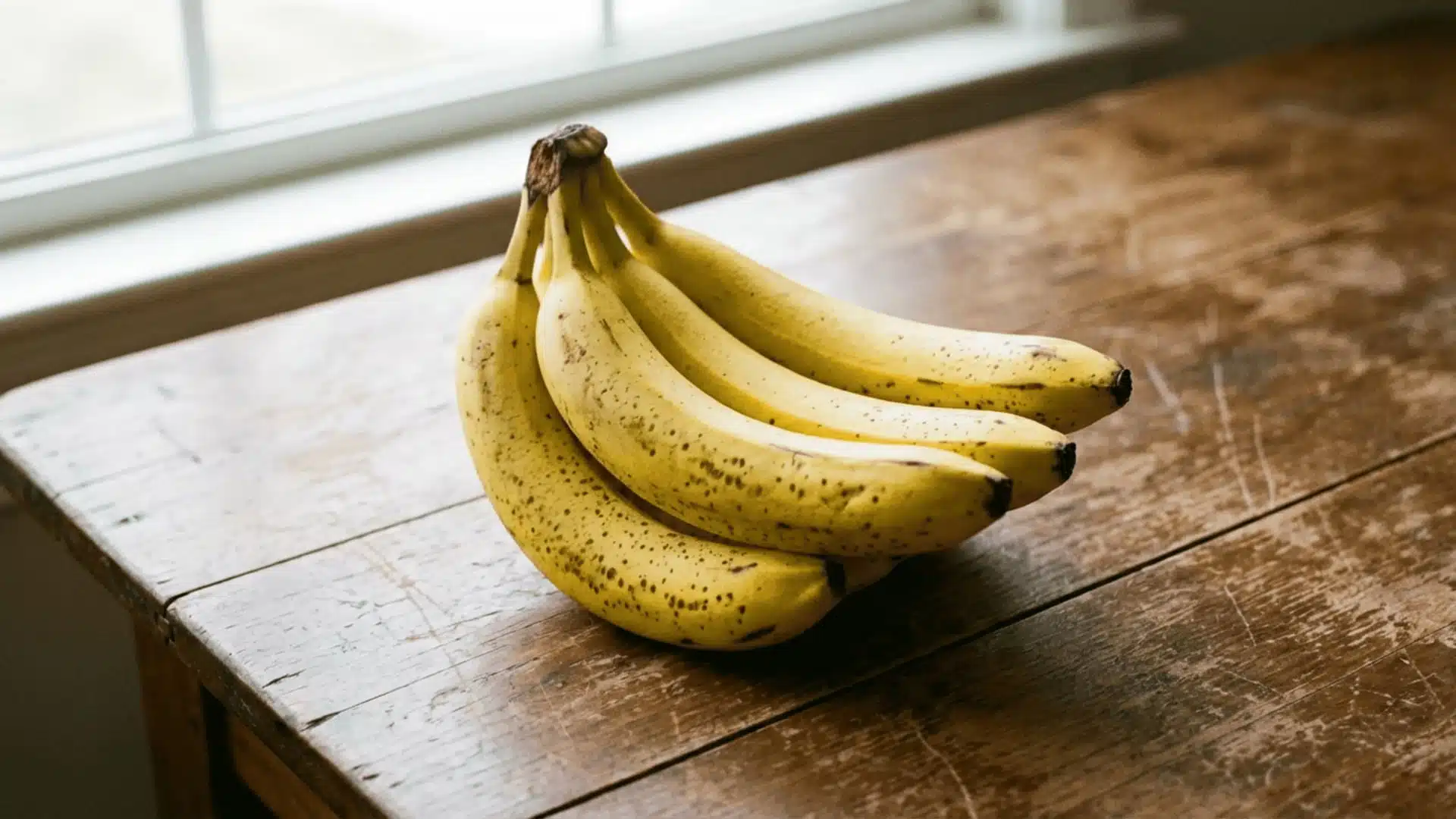 a bunch of ripe yellow bananas with brown spots resting on a weathered wooden surface near a window