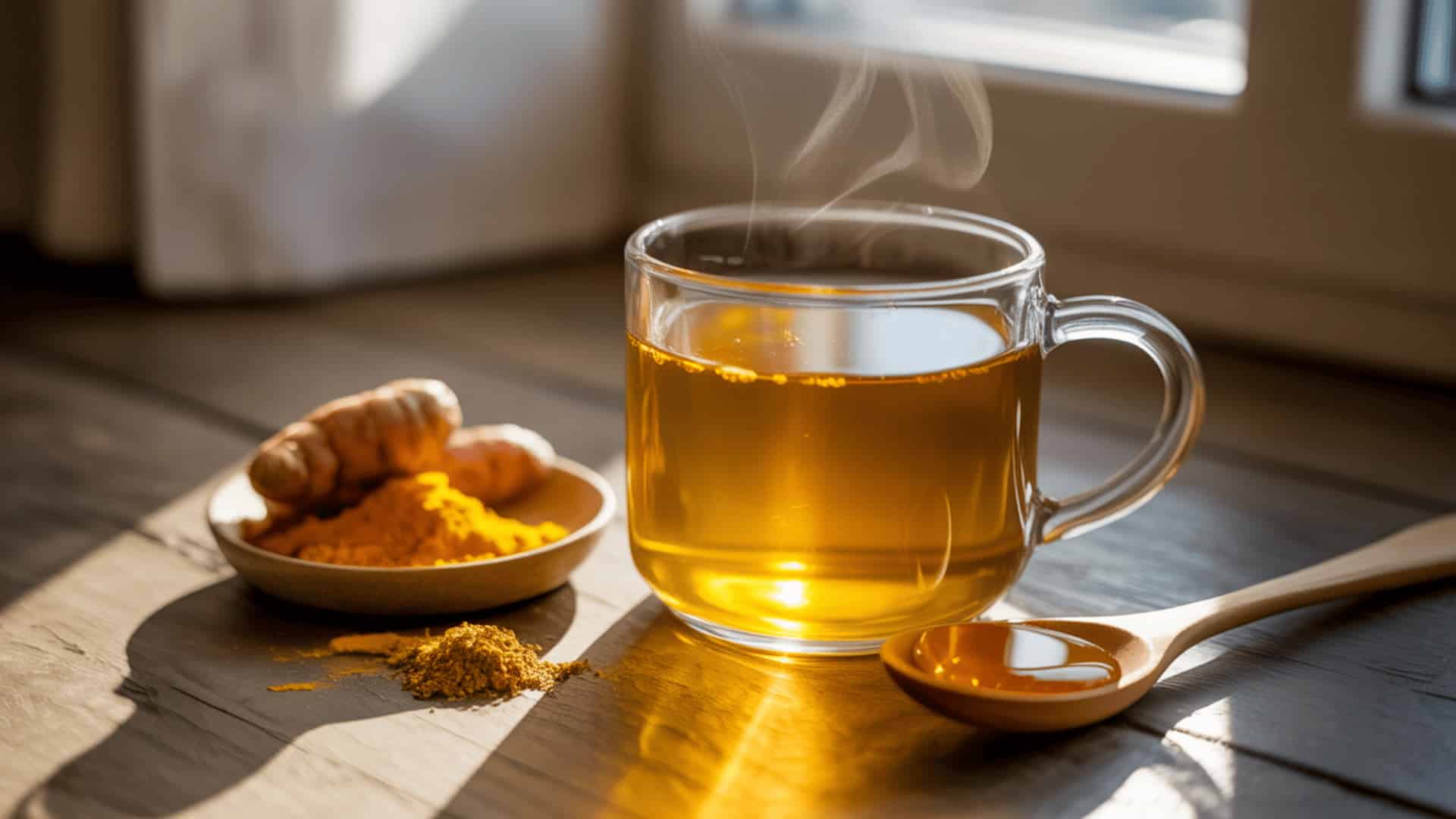 a clear glass mug of turmeric tea with steam rising, surrounded by fresh turmeric roots, turmeric powder, and a wooden spoon with honey