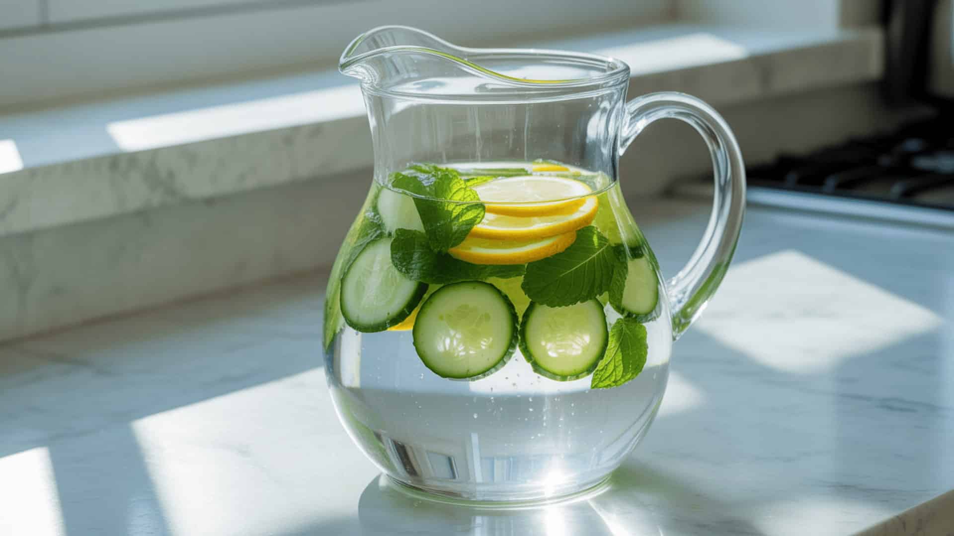 a clear glass pitcher filled with cucumber, lemon slices, and fresh mint leaves, sitting on a marble countertop with sunlight streaming through a window
