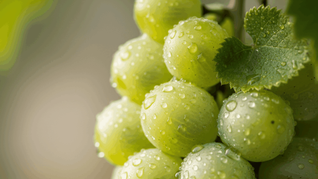a close-up of fresh green grapes covered in tiny water drops, with soft light and a blurred background
