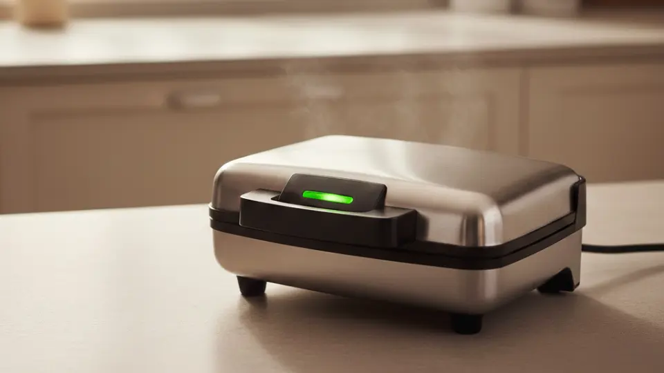 a closed, silver waffle maker sits on a counter, emitting steam with a green indicator light glowing