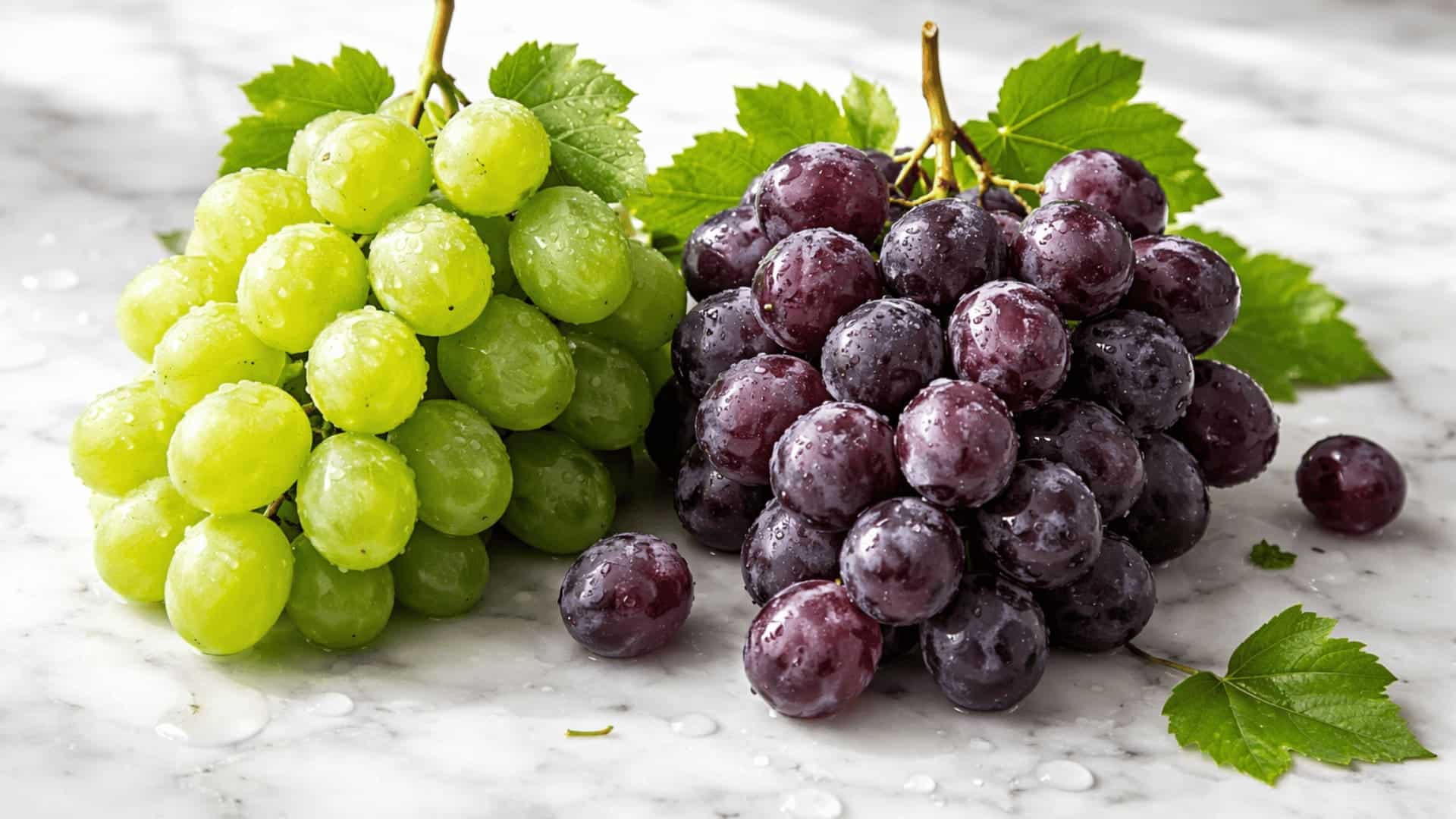 a cluster of fresh green and purple grapes with water droplets resting on a white marble surface