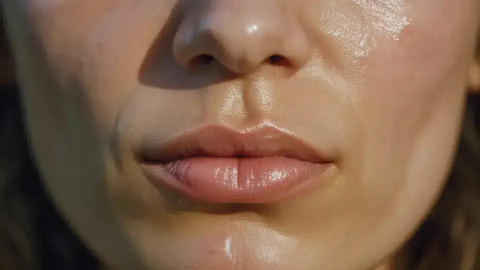 a extreme close-up of a person's sweaty face focusing on their damp lips and nose in bright natural sunlight