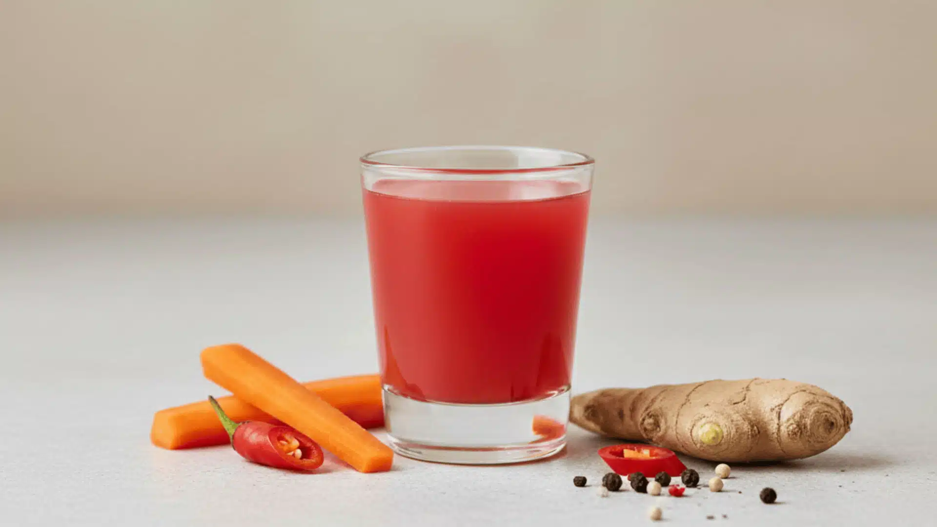 a fiery red metabolism-boosting shot in a glass, with fresh carrots, ginger, and chili pepper on a minimal background