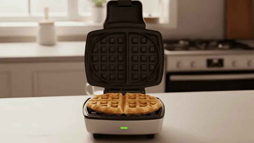 a golden-brown waffle sits in an open, modern waffle maker with a green indicator light on a bright kitchen counter