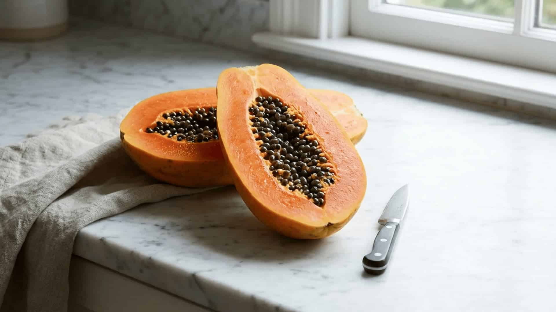 a halved papaya showing bright orange flesh and black seeds placed on a white marble surface
