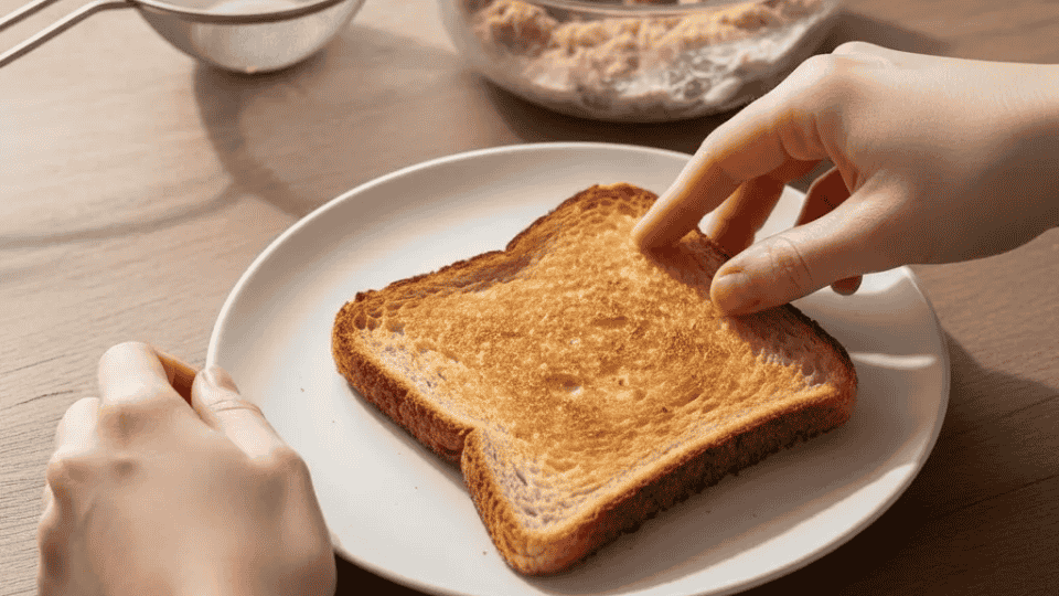 a hand placing a slice of golden-brown toasted bread onto a white plate