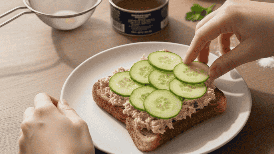 a hand topping the creamy tuna toast with fresh, thinly sliced cucumbers