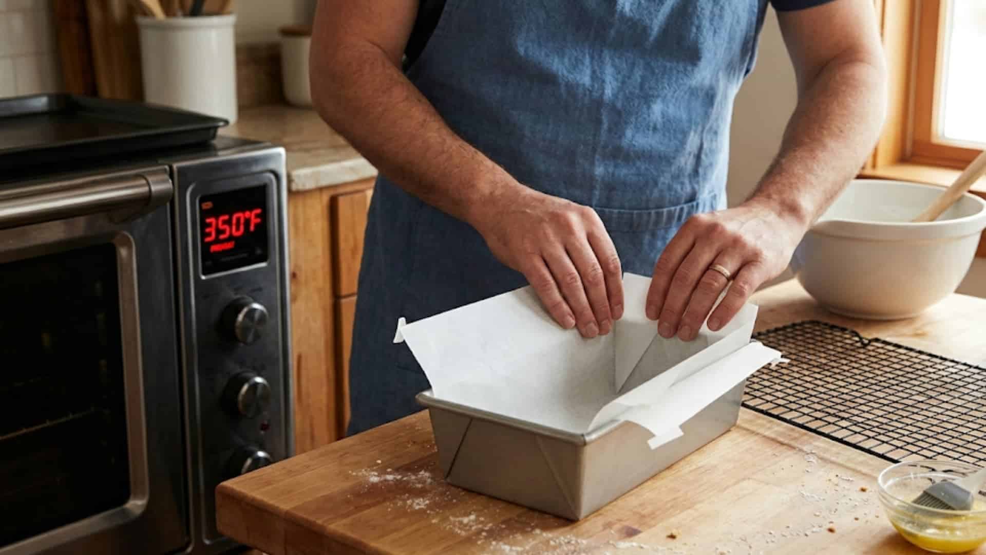 a loaf pan with parchment paper, ensuring your baking station is ready for gluten-free success