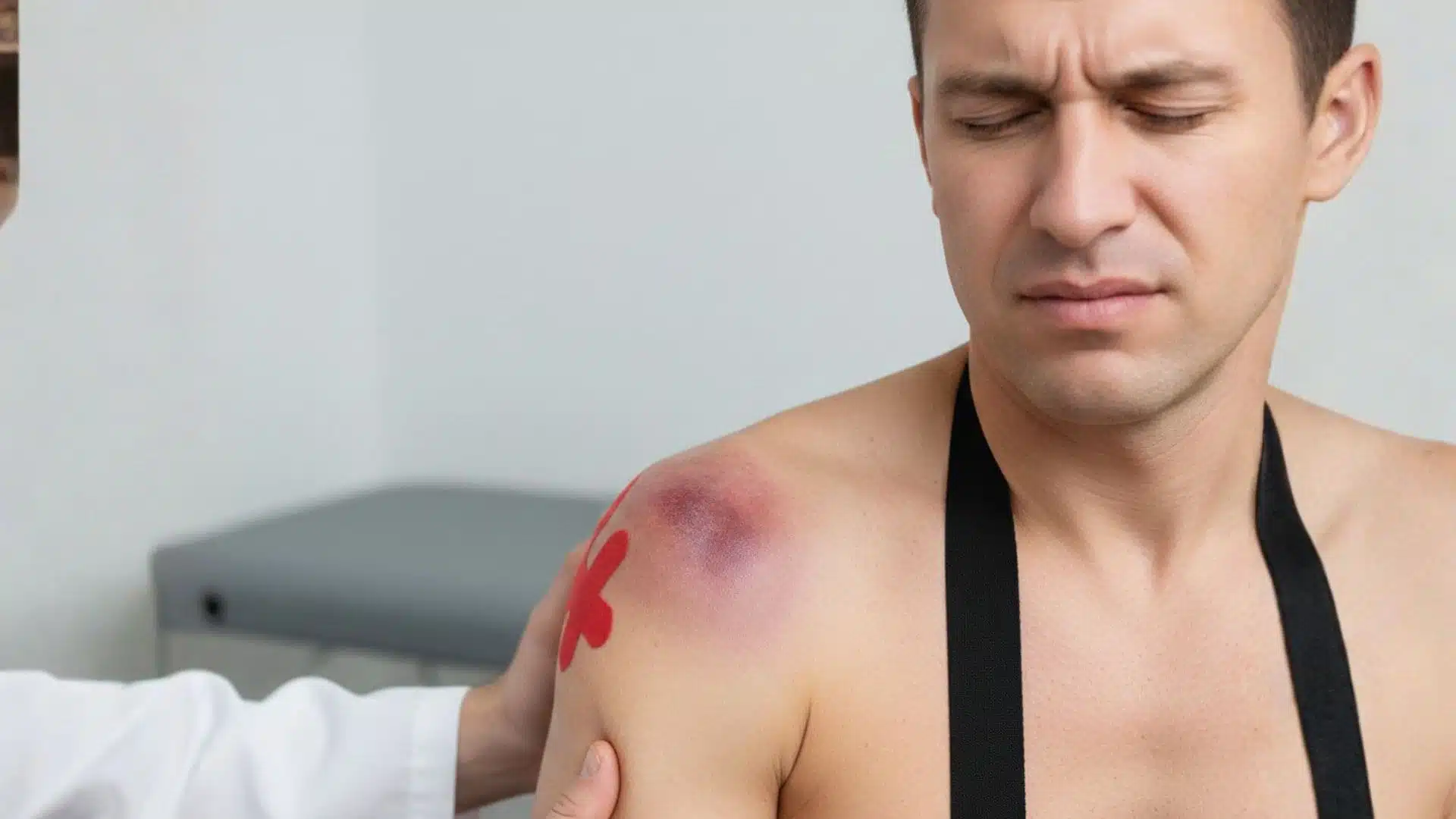 a man grimacing in pain as a doctor examines his bruised, taped shoulder in a clinic