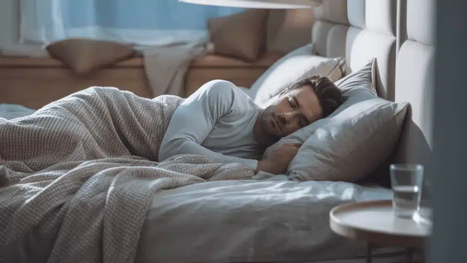 a man sleeping peacefully on a bed at night with soft blankets in a calm modern bedroom (1)
