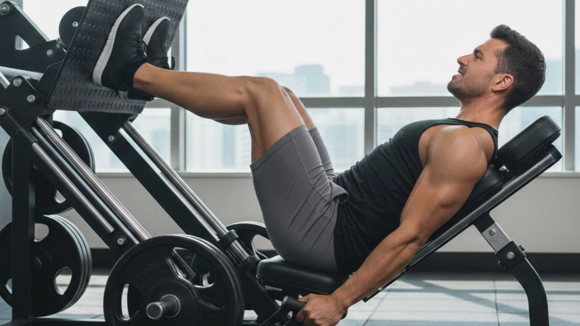 a muscular man performing leg press exercise on a machine in a modern gym with large windows