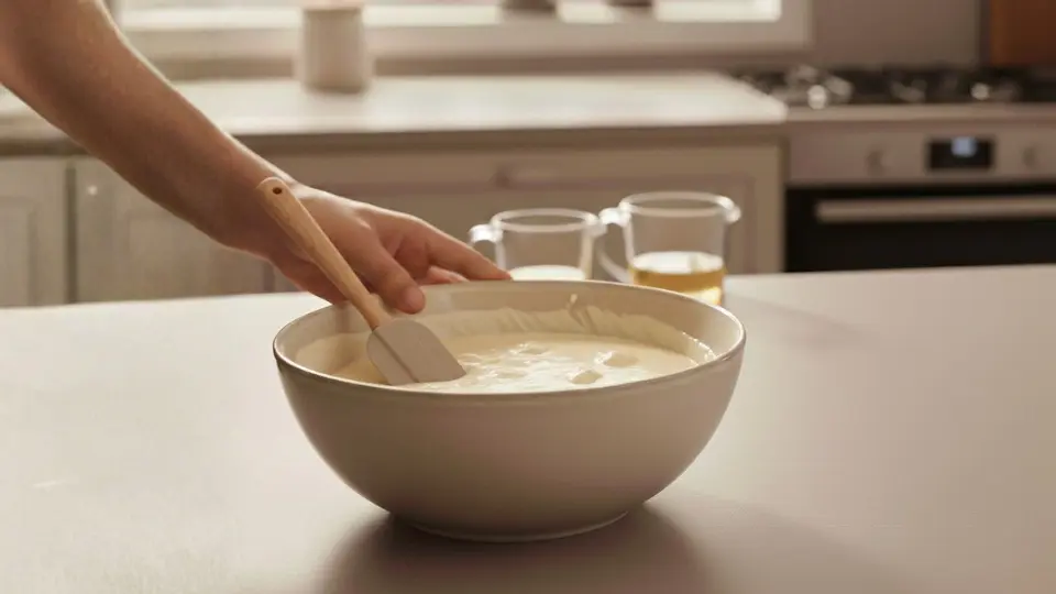 a person uses a spatula to stir thick batter in a beige bowl on a kitchen counter, with glass jars in the background