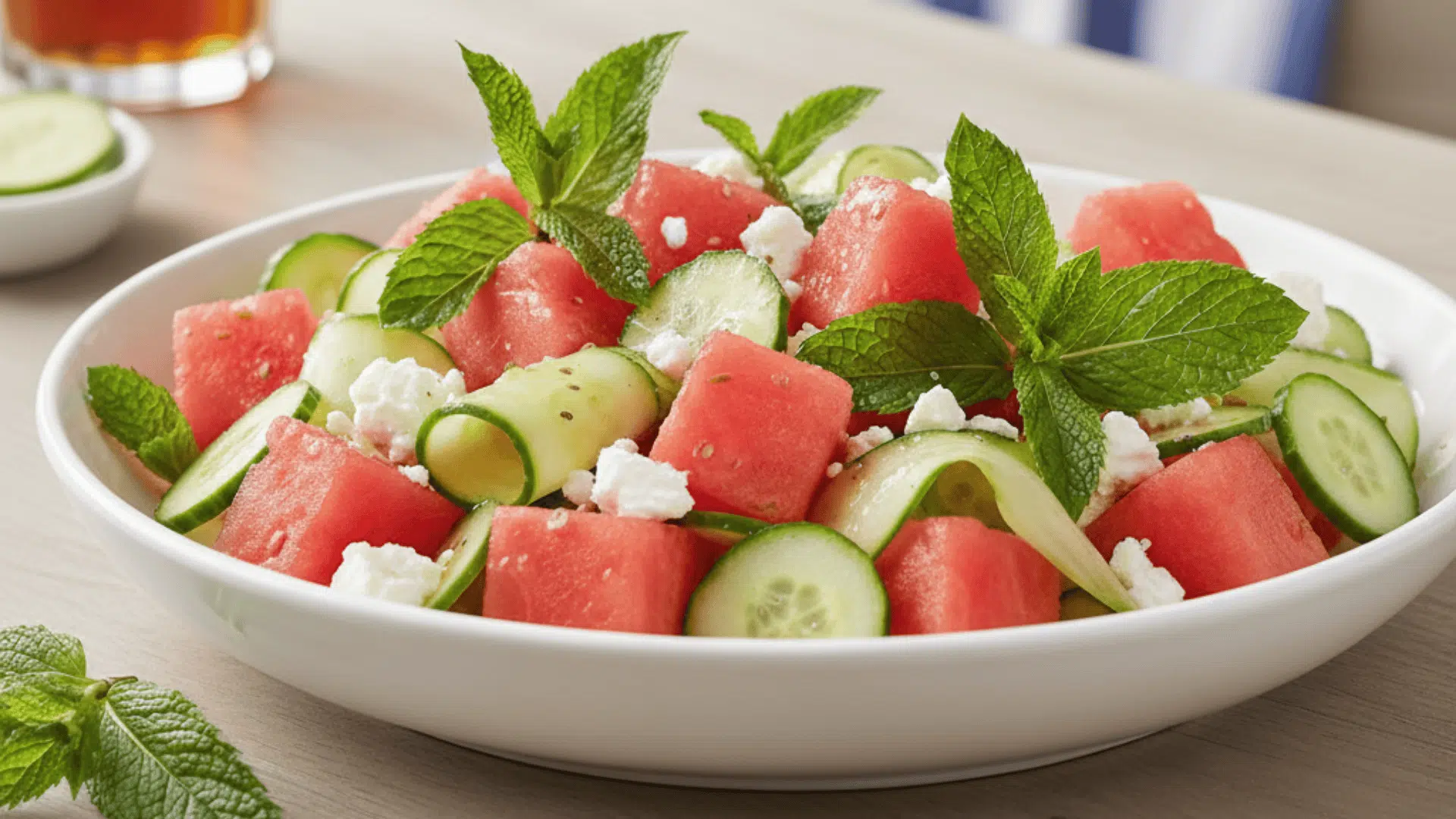 a refreshing watermelon and cucumber salad, garnished with fresh mint leaves and crumbled feta cheese, served in a white bowl