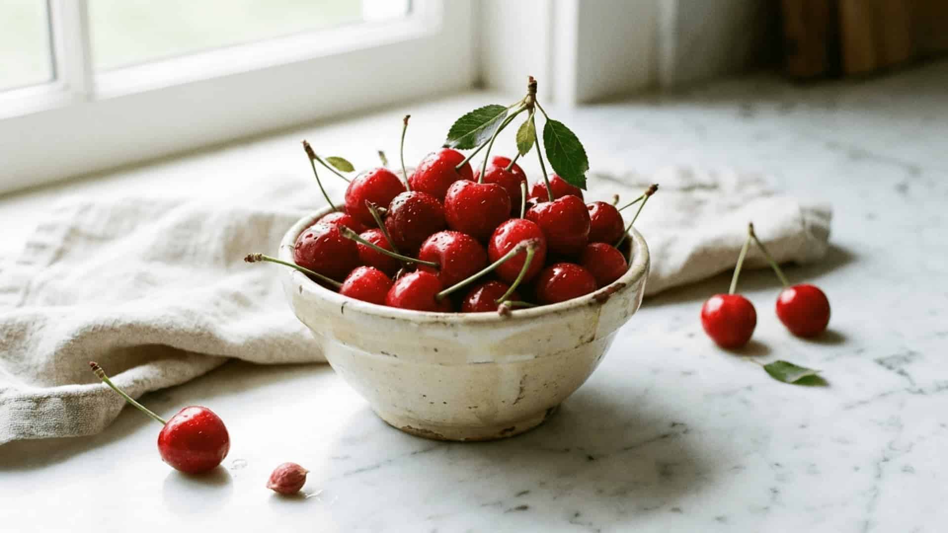 a small bowl of fresh red cherries with stems placed on a white marble surface in natural light
