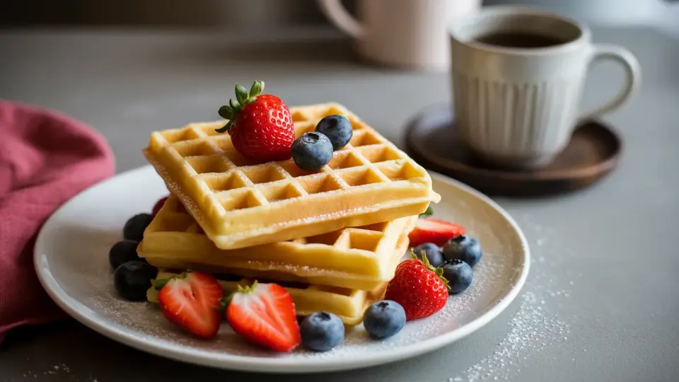 a stack of two square waffles topped with strawberries and blueberries on a plate, served with a cup of coffee