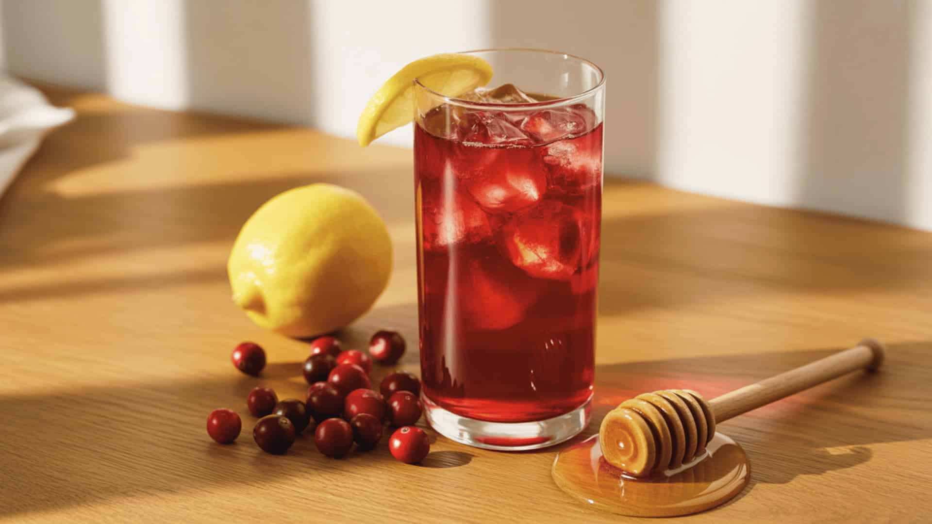 a tall glass of cranberry juice with ice, a lemon wedge, fresh cranberries, and honey on a wooden table.