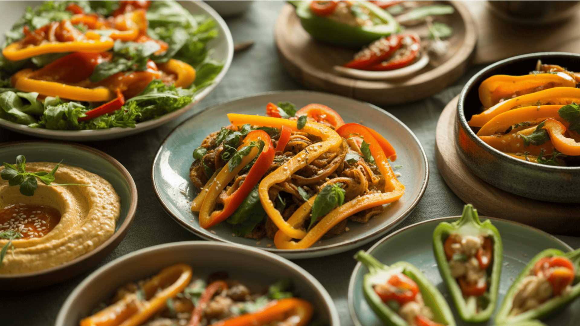 a variety of dishes featuring orange bell peppers, including salad, hummus, and stuffed peppers, all beautifully plated.