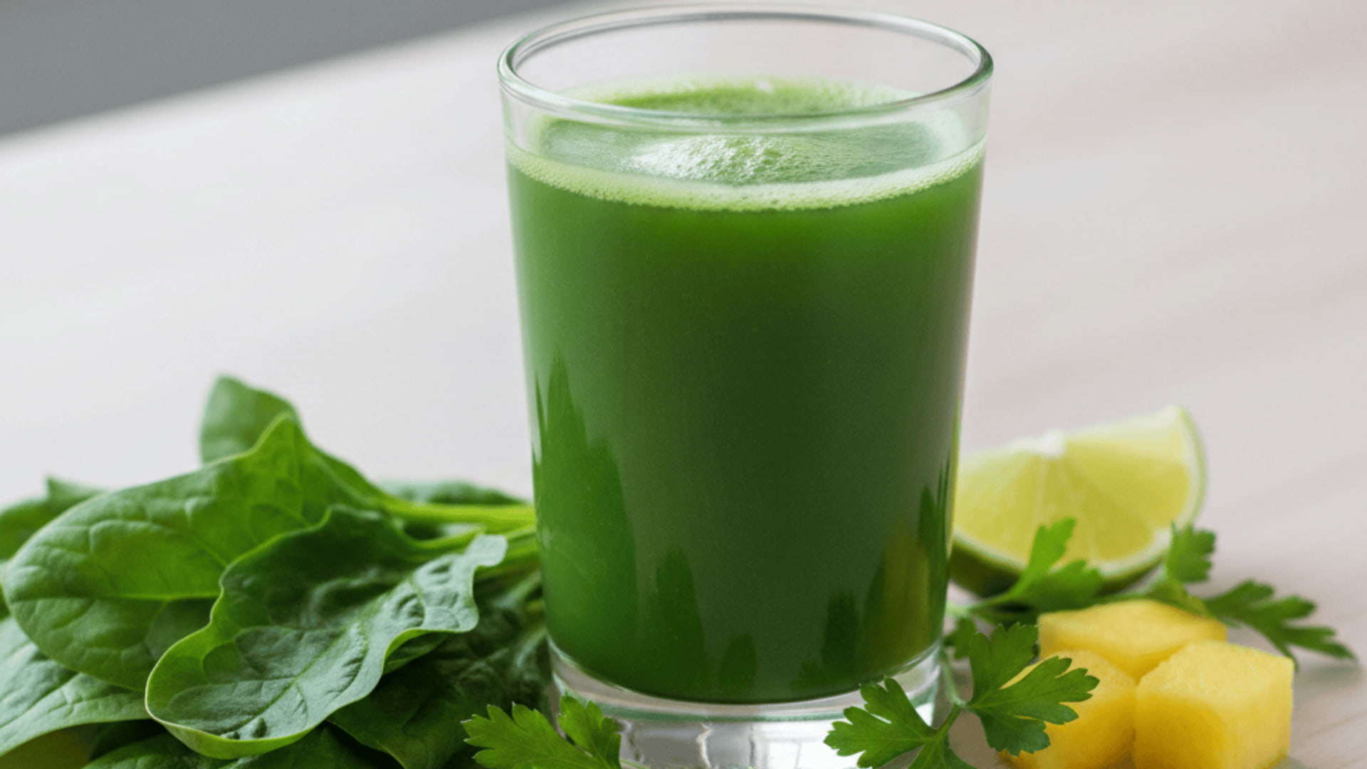 a vibrant green wellness shot in a clear glass, topped with light foam and surrounded by fresh spinach and parsley
