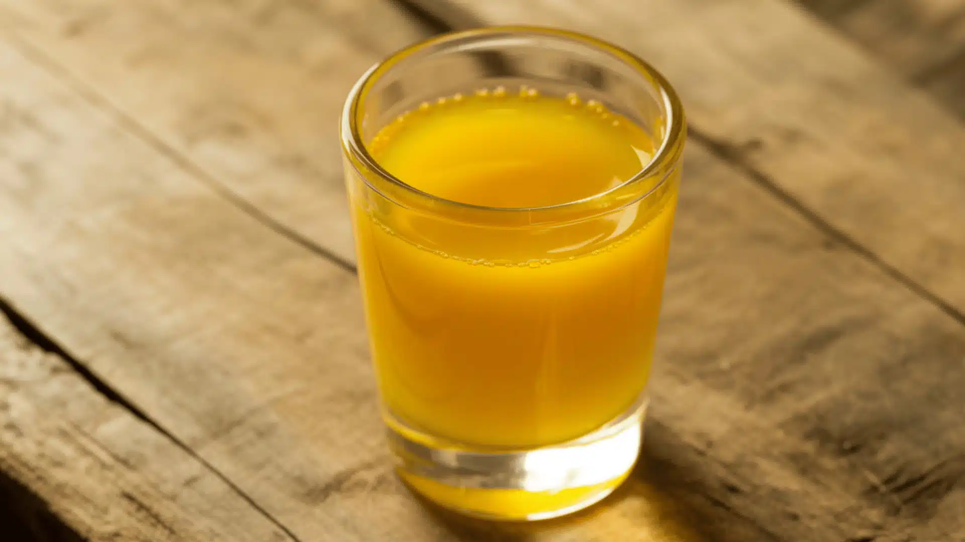 a vibrant image of a glass wellness shot filled with bright yellow liquid, the shot should be placed on wooden surface