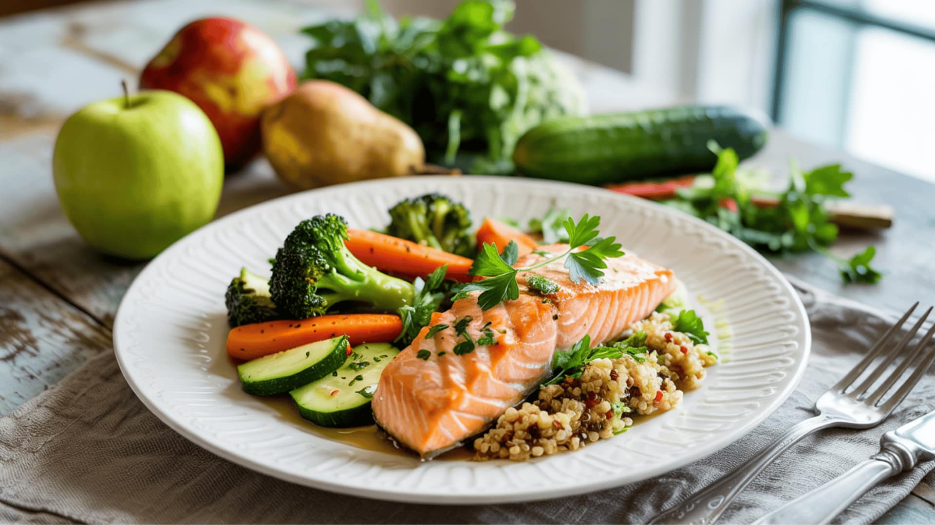 a vibrant low-histamine meal with grilled salmon, steamed vegetables, quinoa, and fresh fruits on the side