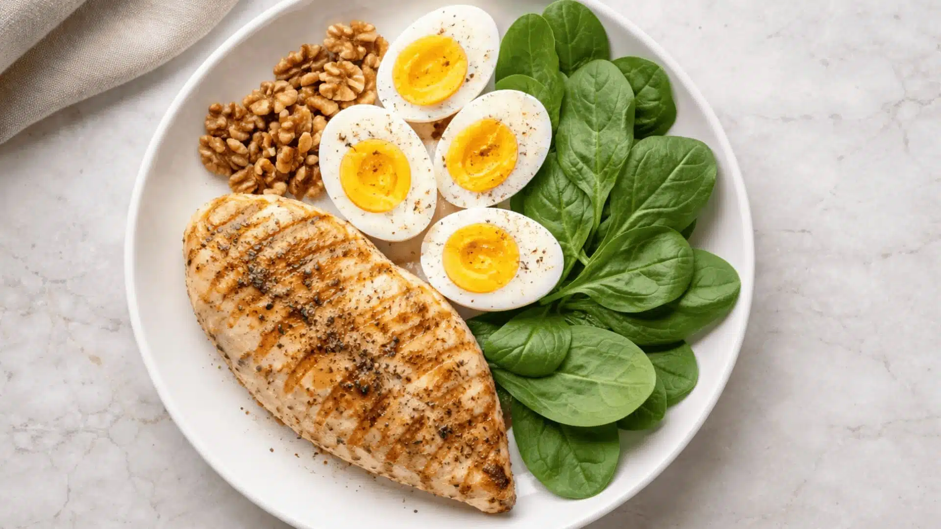 a white plate with grilled chicken, boiled eggs, walnuts, and fresh spinach leaves on a marble surface